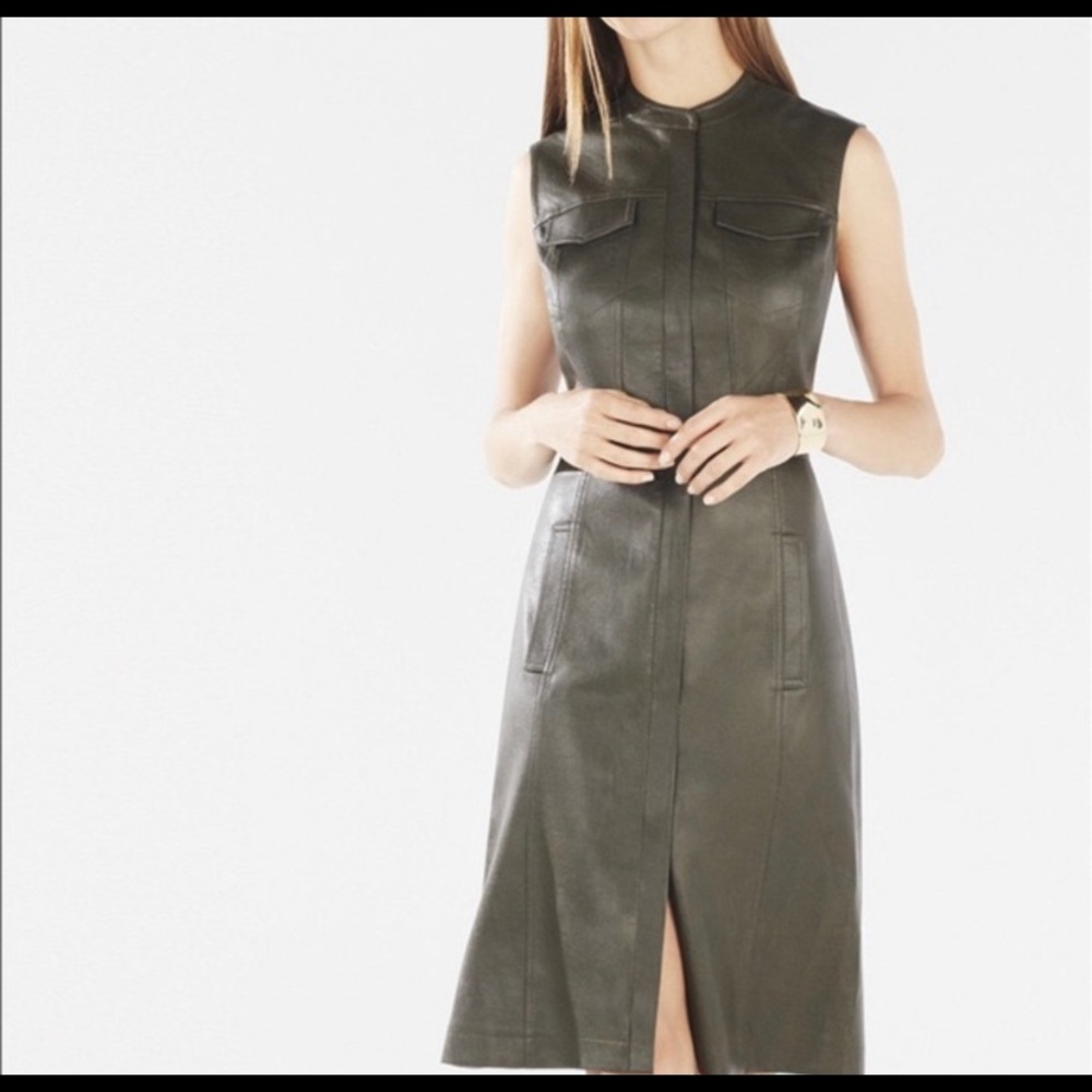 BCBGMAXAZRIA Olive Green Faux Leather Dress M
